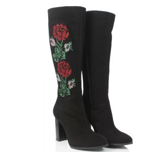 Cizme din piele naturala intoarsa brodate Pantofini Rose 